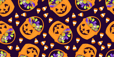 Bright seamless Halloween pattern with candy buckets on dark background. Ideal for wrapping paper, fabric print, stationery, wallpapers, and party design.