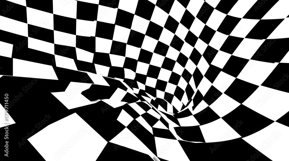 Poster an abstract black and white checkerboard pattern creating a hypnotic swirling tunnel effect with a s
