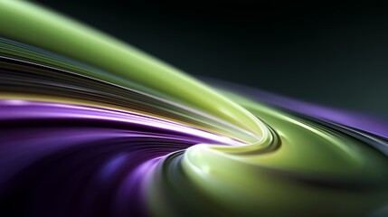 Interwoven Green and Purple Curves with Smooth Gradients Converging toward Central Depth over Dark Base, expressing Fluid Motion, Visual Harmony, and Abstract Digital Energy Flow