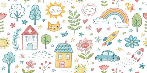 Whimsical hand-drawn doodle seamless pattern with house, rainbow, rocket, flowers, clouds, sun, trees, stars, and car. Cute colorful kids sketch background for fabric, wallpaper, or stationery.