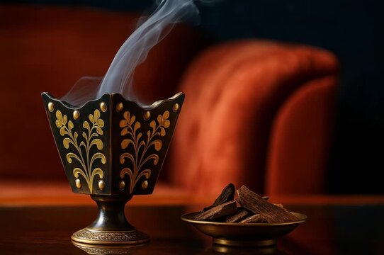 Burning bakhoor with agarwood beside, expensive perfume.