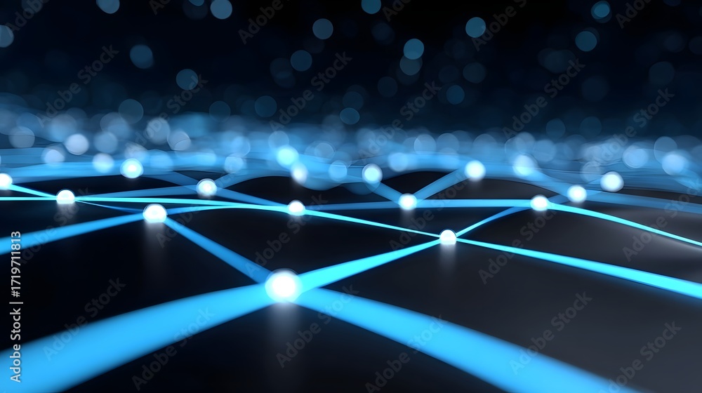 Poster abstract futuristic digital network with interconnected systems, data flow, and luminous geometric p