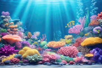 Vibrant underwater coral reef scene. Sunlight streams through the water, illuminating a colorful coral reef teeming with fish