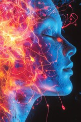 Abstract female portrait, vibrant energy, neural network
