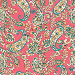 Paisley vector seamless design flowers and leaves in a batik-inspired style. Vintage fabric backdrop