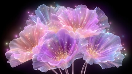 Ethereal Glowing Flowers Bouquet with Sparkling Light Particles on Dark Background