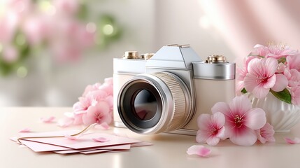 Vintage-style camera surrounded by delicate pink cherry blossoms and elegant envelopes, evoking spring romance and cherished memories.