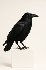 Obraz premium Black Raven on White Pedestal, Studio Portrait