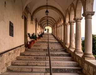 Obraz premium Stone steps ascend through a colonnaded walkway