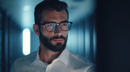 technician. Technician working in a data center with blue ambient light, portraying focus and technology. product launch decks.