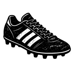 Dynamic vector artwork of a classic black soccer cleat, featuring bold white stripes and sturdy studs. This isolated, retro-styled football boot graphic is perfect for sports branding, apparel, digita
