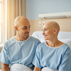 Couple in hospital, smiling and looking at each other after cancer treatment.