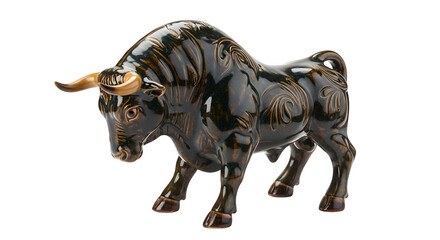 Dark Brown Bull Statue shines; features swirling patterns, sleek surface, dramatic lighting. Perfect for cultural product photography or branding.
