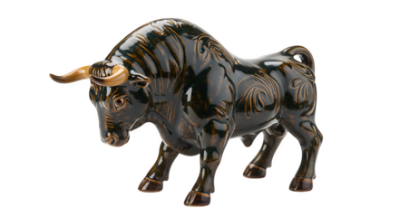 Dark Brown Bull Statue shines; features swirling patterns, sleek surface, dramatic lighting. Perfect for cultural product photography or branding.
