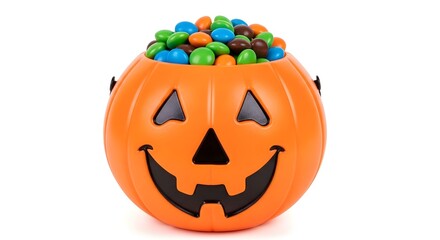 Illustration of halloween pumpkin bucket full of candy isolated on white background