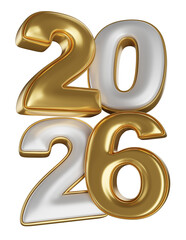 Minimalist golden and silver numbers 2026 in 3D render on isolated white background. 3D illustration