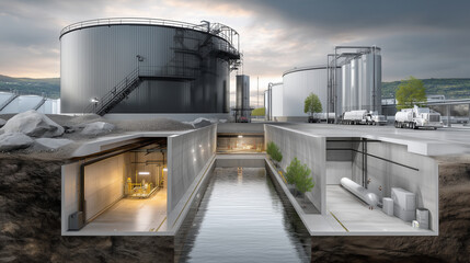 Obraz premium Creative concept: split view between above-ground tanks and underground disposal chambers.