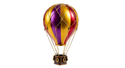 Colorful, striped balloon shines with textured gold netting on black. Use for whimsical product staging, unique poster design, or vintage branding.