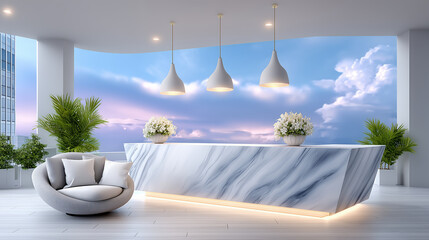 Modern luxury reception area with marble counter and sky view