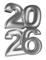Silver minimalist numbers 2026 in 3D render isolated white background. 3D illustration