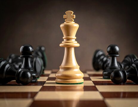 A lone white king surrounded by defeated black pieces on a chessboard