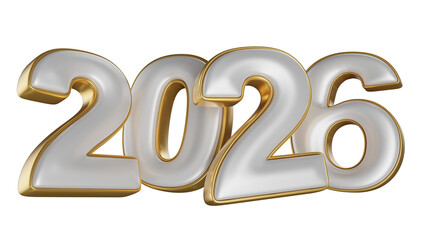 Minimalist golden and silver numbers 2026 in 3D render on isolated white background. 3D illustration