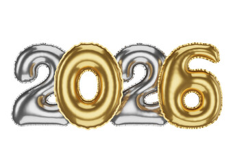 Golden  and Silver 2026 Balloons 3D render, Isolated Collection of Bright Shiny Numbers, Festive New Year Decor.