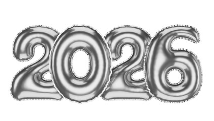 Silver 2026 Balloons 3D render, Isolated Collection of Bright Shiny Numbers, Festive New Year Decor.