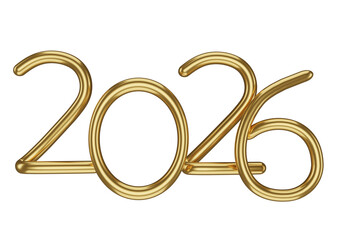 Golden minimalist numbers 2026 in 3D render isolated white background. 3D illustration