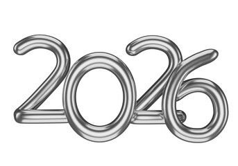 Silver minimalist numbers 2026 in 3D render isolated white background. 3D illustration