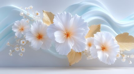 Elegant white flowers with golden leaves on a soft blue wavy background