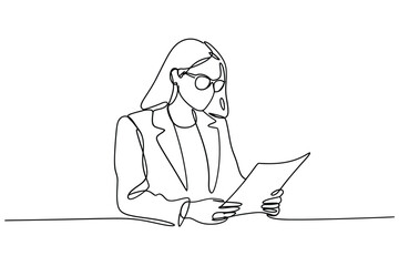 Continuous line drawing of a woman in glasses reading a document
