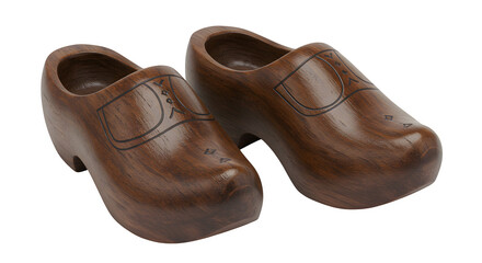 Brown Wooden Clogs feature grain detail and simple decorations. Illustrates Dutch footwear. Use for cultural, travel or tourism projects.