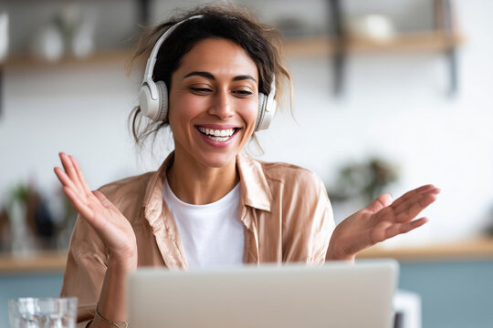 Indian adult professional woman giving online presentation with headphones and laptop at home office, 