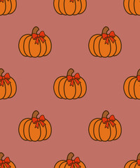 Charming Autumn Pumpkin Pattern with Red Ribbon Bows on Warm Background for Seasonal Festive Decorative Design