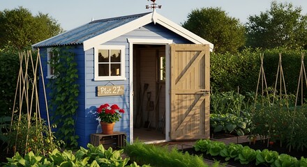Quaint garden shed with open wooden door surrounded by lush greenery and vegetable plots in the countryside