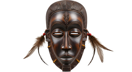 Dark brown wood mask exhibits carved texture with feather accents for cultural art, branding, or historical presentations.