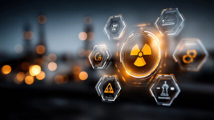 Conceptual glowing infographic overlay showing nuclear waste management.