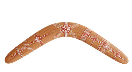 Wood boomerang with red/white Aboriginal style art stands on black background for cultural presentations, branding, or educational materials.