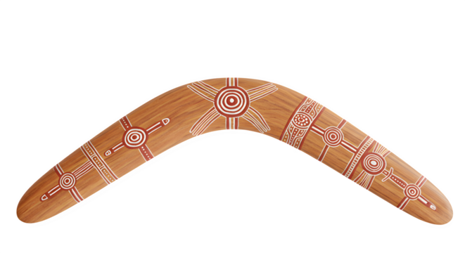 Wood boomerang with red/white Aboriginal style art stands on black background for cultural presentations, branding, or educational materials.