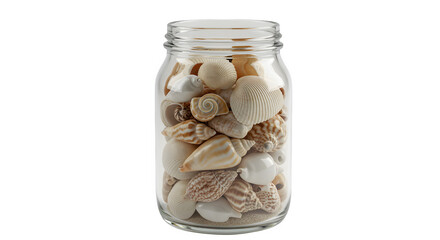Seashells fill clear glass jar. Coastal style with soft lighting. Perfect for posters, travel blogs, product staging.