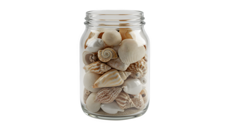 Seashells fill clear glass jar. Coastal style with soft lighting. Perfect for posters, travel blogs, product staging.