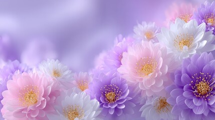 Soft pastel flowers in bloom, a gentle floral background with purple, pink, and white petals