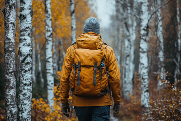 Man walking through fall woods.