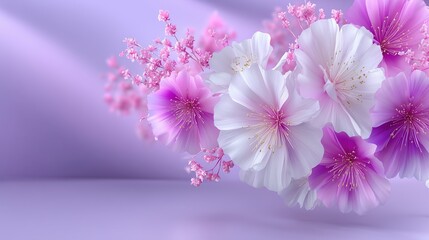 Delicate white and pink flowers on a soft lavender background