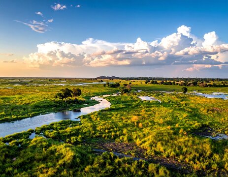 Aerial view of a vast floodplain at sunset