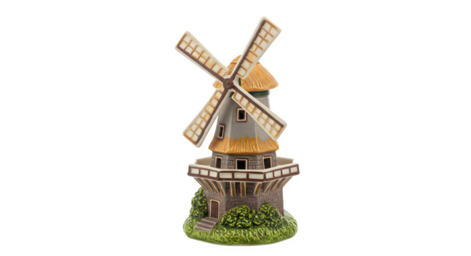 Windmill ceramic miniature stands on black, smooth surface. Ideal for collectibles, gifts, decoration.