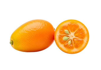 A vibrant kumquat, whole and halved, displays a rich orange hue against a stark black background.