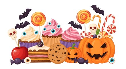 Illustration of halloween sweets and treats isolated on white background