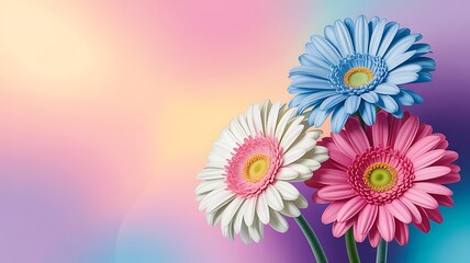 Obraz premium A trio of vibrant gerbera daisies in pink white and blue against a soft gradient background representing beauty and springtime